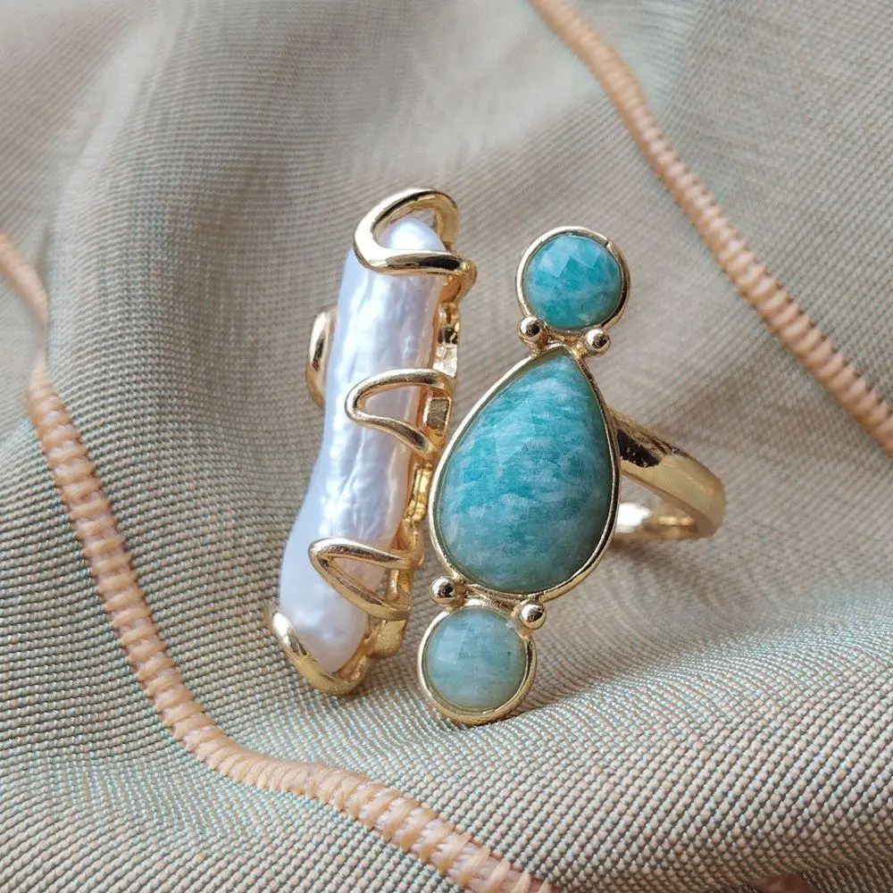 Freshwater White Biwa Pearl Green Amazonite Rings Adjustable Girlfriend Gifts
