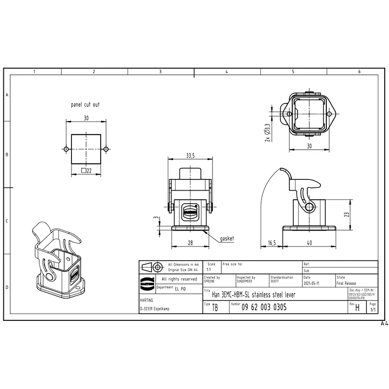 09620030305 HARTING 3A Single Locking Mounting Base without Back Cover Straight NBR