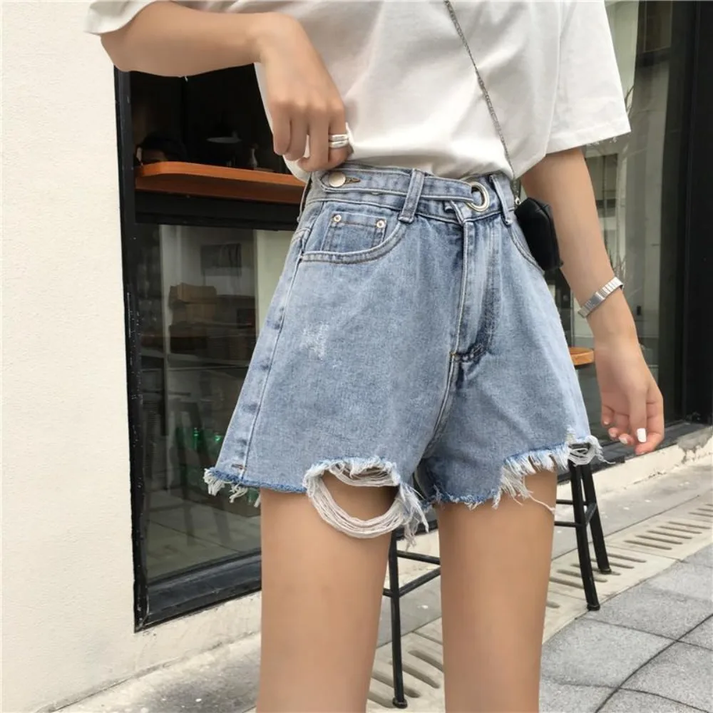 Invisible Open Crotch Outdoor Sex Exotic Hotpants Women Ripped Denim Shorts Ladies Loose Wide Leg Jeans High Waist Hot Pants