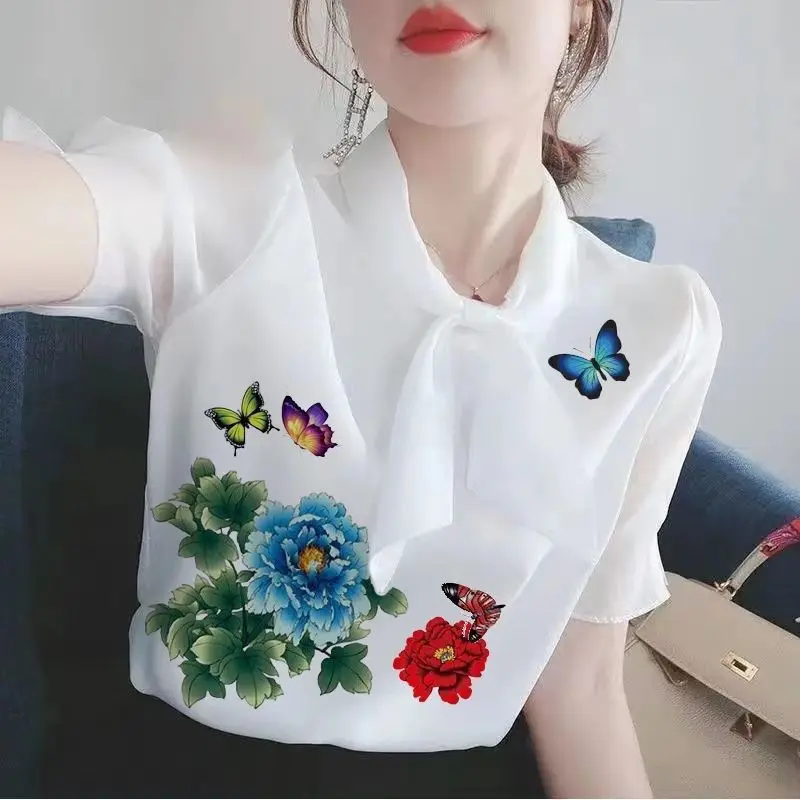 Fashion Printed Spliced Lace Up Floral Chiffon Blouse Women's Clothing 2023 Summer New Oversized Casual Tops Office Lady Shirt