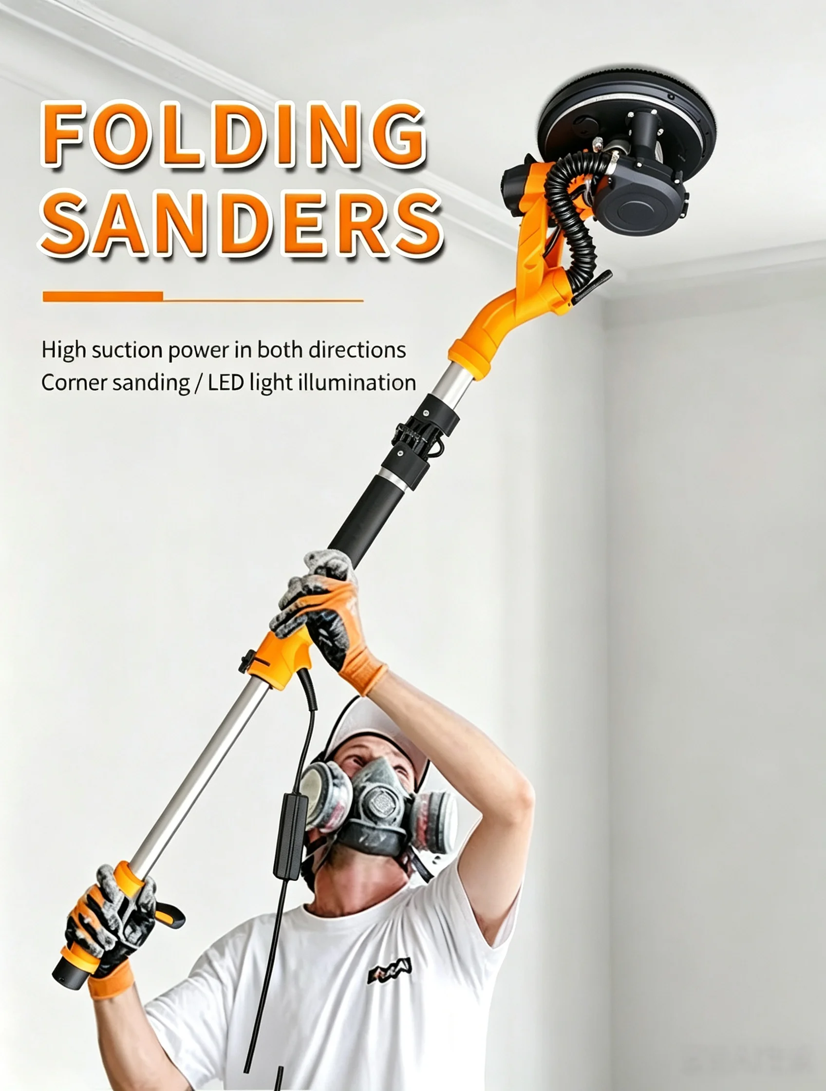 Foldable Wall Sanding Machine with Big Handle & LED Light, Self Dust Absorption Drywall Sander for Putty Wall Grinding Polishing