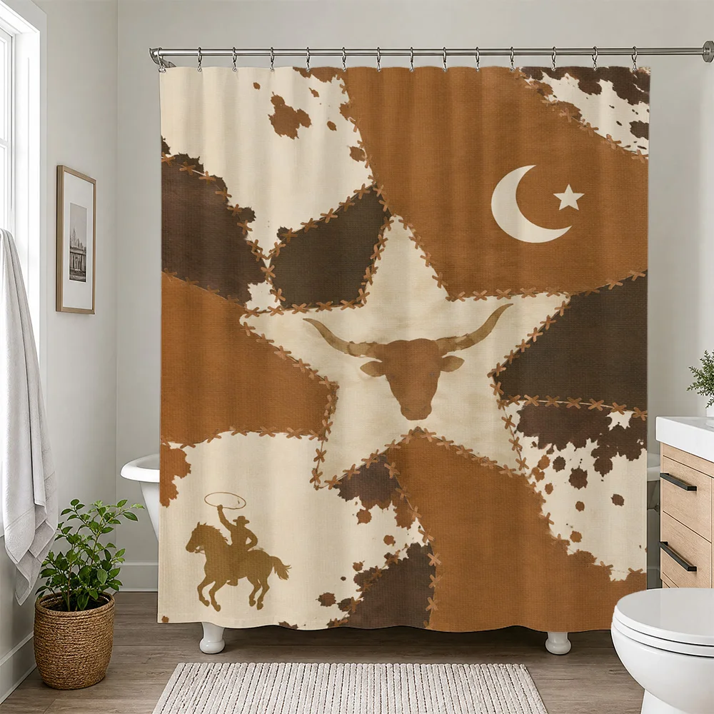 Brown and Tan Tribal Animal Print Shower Curtain Featuring Bull and Crescent Moon Boho Bathroom Decor