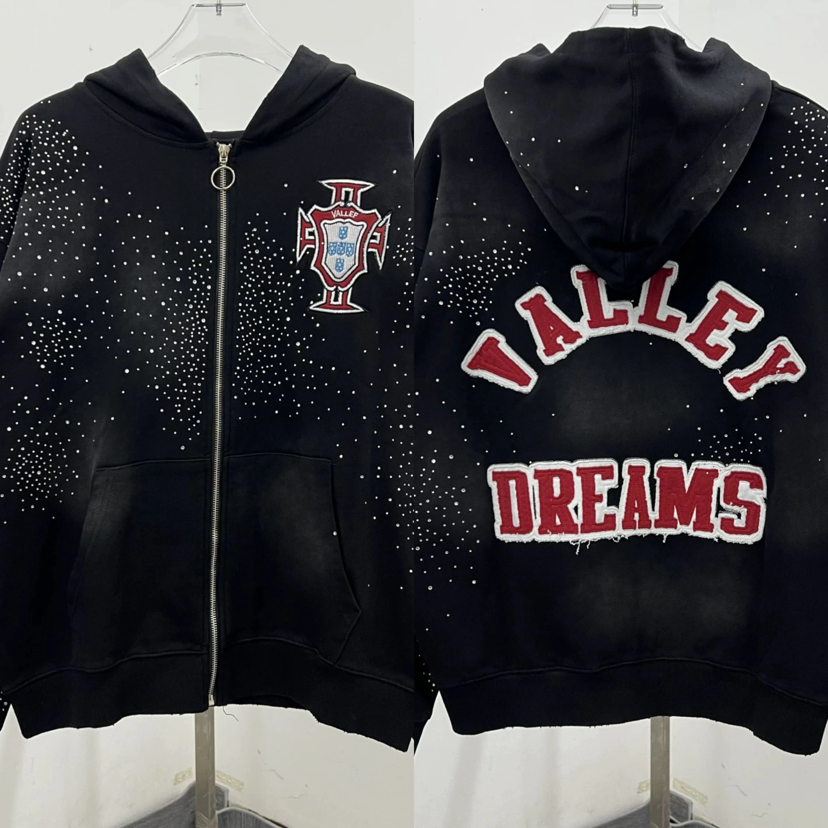 شعار مطرز VALLEY كلاسيكي هوديس الرجال النساء 1:1 أفضل جودة خمر غسلها فالي الأسود سستة بلوزات