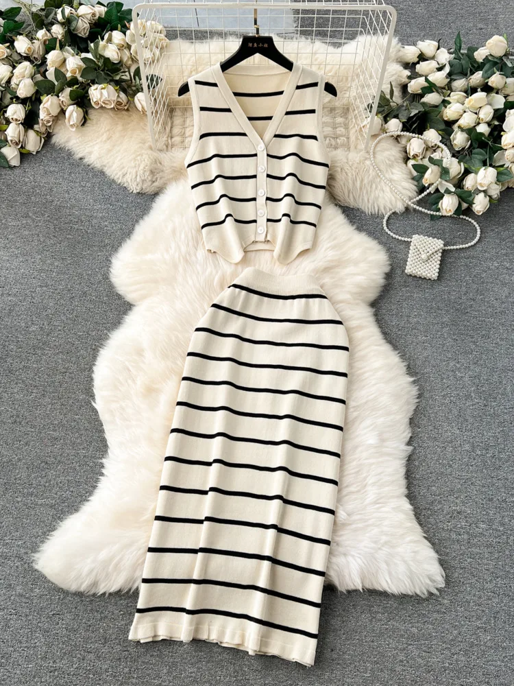 New Summer Women Striped Knitted Skirt Set Sleeveless V-Neck Cardigan Tops + High Waist Mini Skirt Knitting 2 Two Pieces Suits