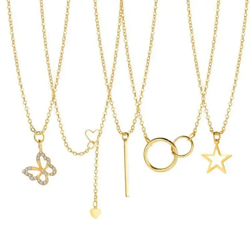 Ins Creative Personality Minority Suit Necklace Female Five-pointed Star Love Butterfly Pearl Necklace 5-piece Set