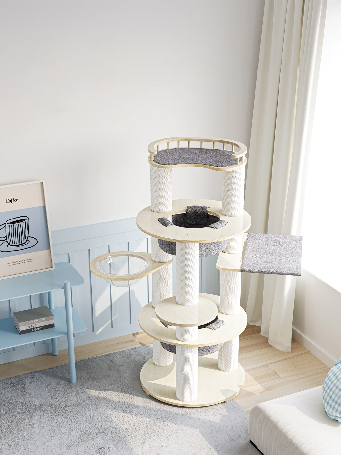 Modern Multi-Level Cat Climbing Frame 168cm Tall Wooden Activity Tower with Hammock Condo and Scratching Posts for Indoor Cats