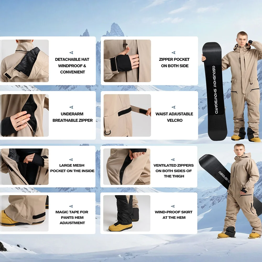ชุดจั๊มสูทสกีสำหรับผู้ชาย GSOU SNOW ชุดทำงานกันหนาวแบบชิ้นเดียว เสื้อแจ็คเก็ตและกางเกง ชุดกันหนาวสำหรับเล่นกีฬาในหิมะ กันน้ำ