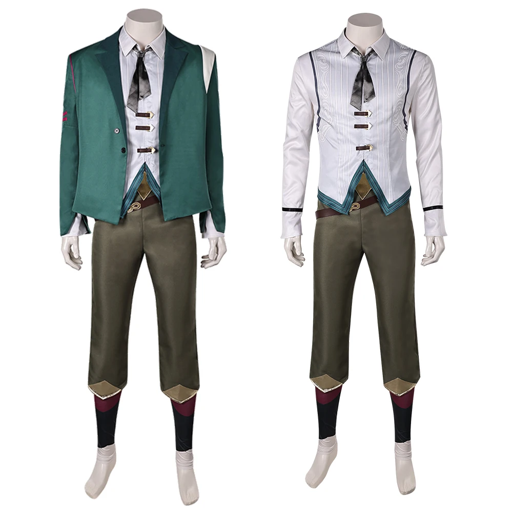 Ekko Arcane Cosplay Costume verde Gioco LOL Travestimento Abiti Borsa Collana Cappotto Pantaloni Cravatta Uniforme Halloween Party Dress Up Abiti