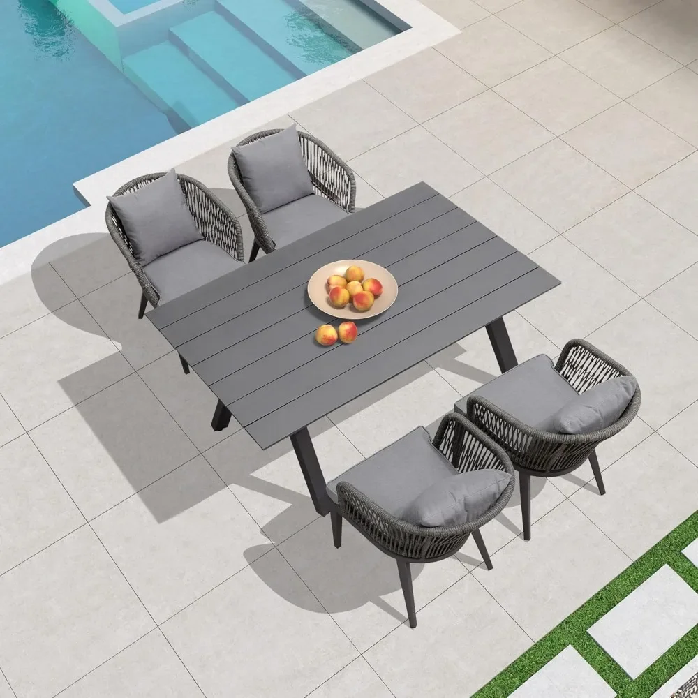 

5 Pieces Patio Dining Set Wicker Outdoor Furniture Rectangular Table and Chairs Set for Garden Deck Aluminum Frame Kitchen Set