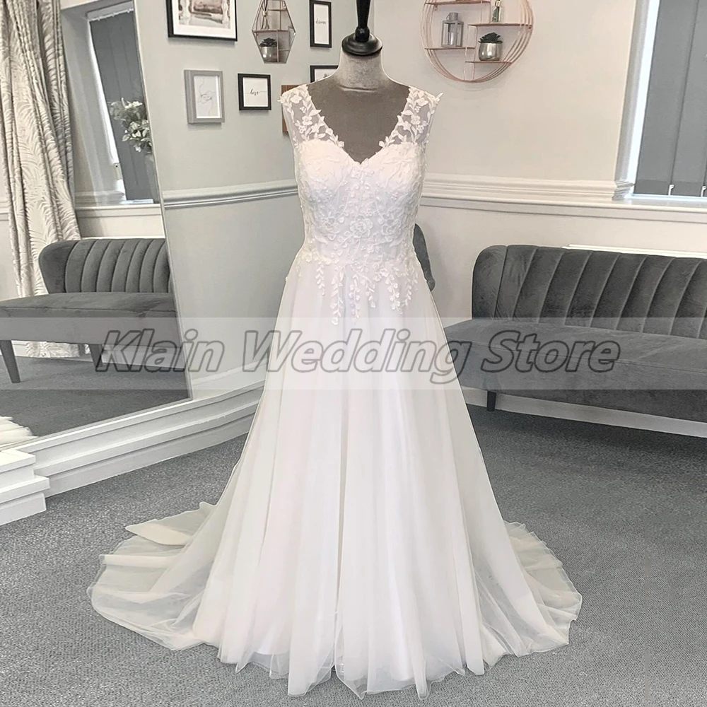 Real Pictures Wedding Dress 2024 A Line Civil Appliques Bridal Gowns Tulle Sleeveless Vestido De Novia Court Train Lace Up Back