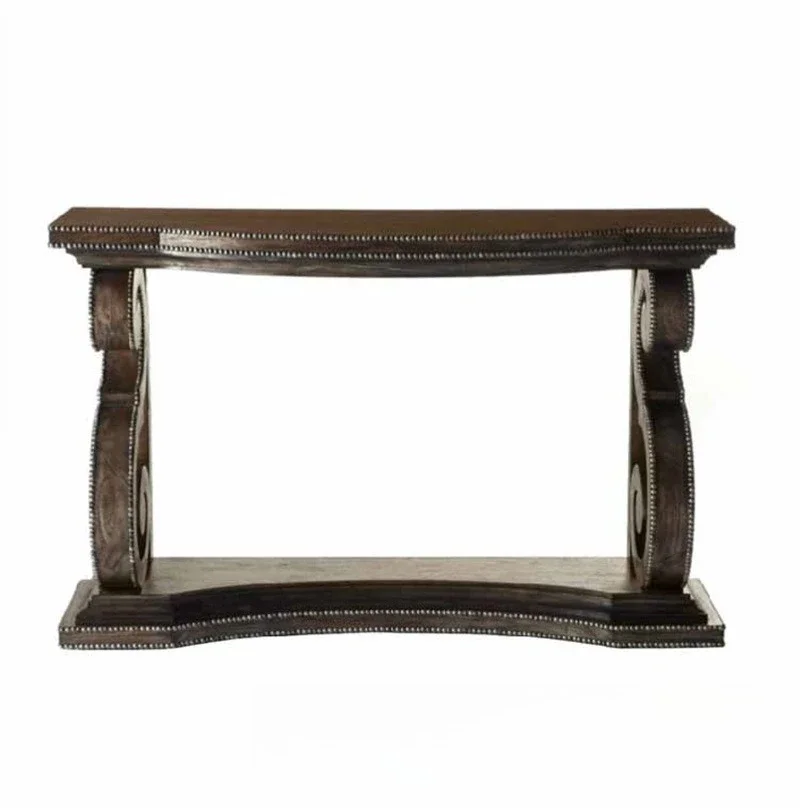 

Solid wood American retro rivet engraving platform, antique and old carved foyer display table