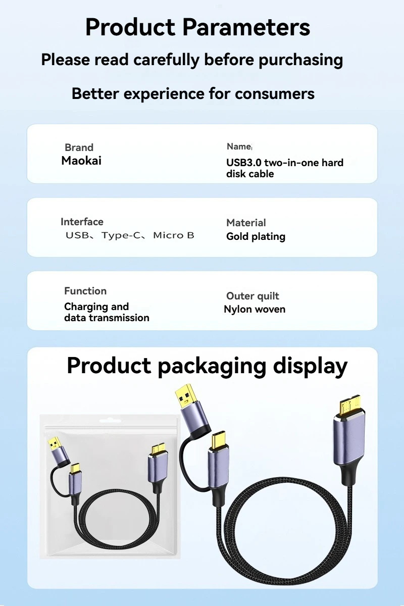 Gelbes Typ-C-USB 3.0 Typ A auf Micro-B-Kabel, Datenkabel für externe Festplatte, 2-in-1-Aufladung für Samsung Note 3 S5 – Detail 10