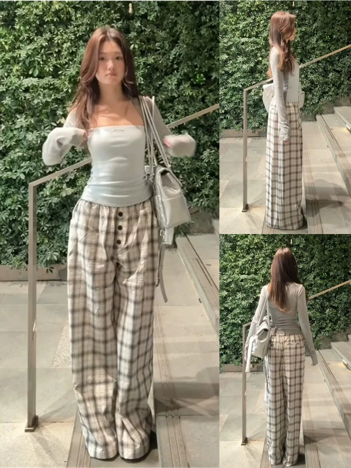 

American Retro Plaid Casual Wide Leg Pants Women Summer Thin Button Design Loose Drapey Straight Tube Pants Floor-Length Pants
