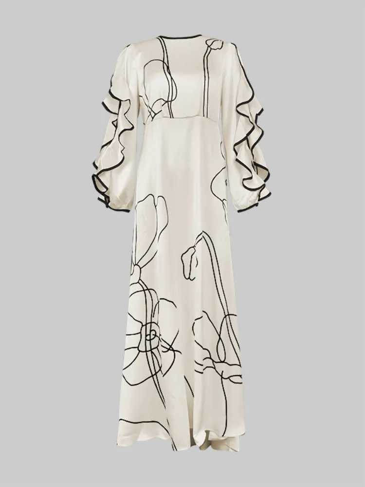 Bonboho Flower Printed Elegant Floor Length Evening Dress for Women Ladies Round Neck Ruffled Sleeve High Waist Pleated Dresses