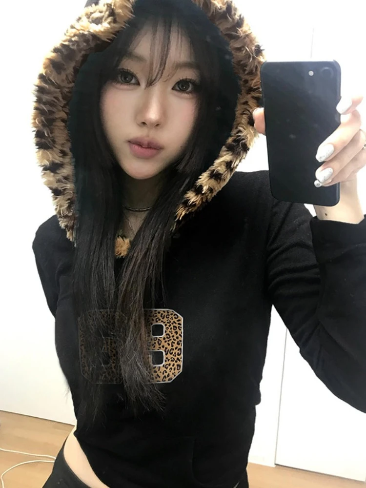 HOUZHOU Leopard Print Streetwear Hoodies Women American Retro High Street Hip Hop Patchwork Slim Hooded Sweatshirt Spring 2024