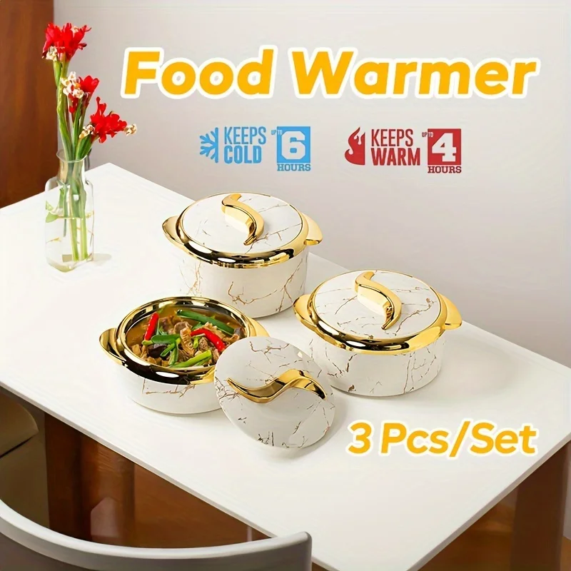 3pcs, Food Warmer, Insulated Stainless Steel Food Warmers With Lids, Hot & Cold Food Storage, Buffet Serving Bowls, Keeps Food Hot Or Cold, Multi-Color Thermal Casserole Dish Set, Ideal For Parties, Buffets, Outdoor Work, 1.5L + 2L + 2.5L
