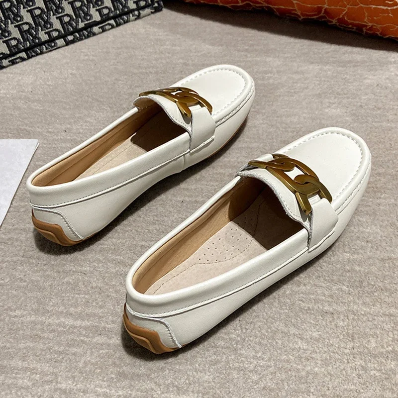 

2024 Genuine Cow Leather Women Chain Flats Shoes Ladies Comfy Slip on Loafers Casual Daily Footwear Femme Walking Shoe