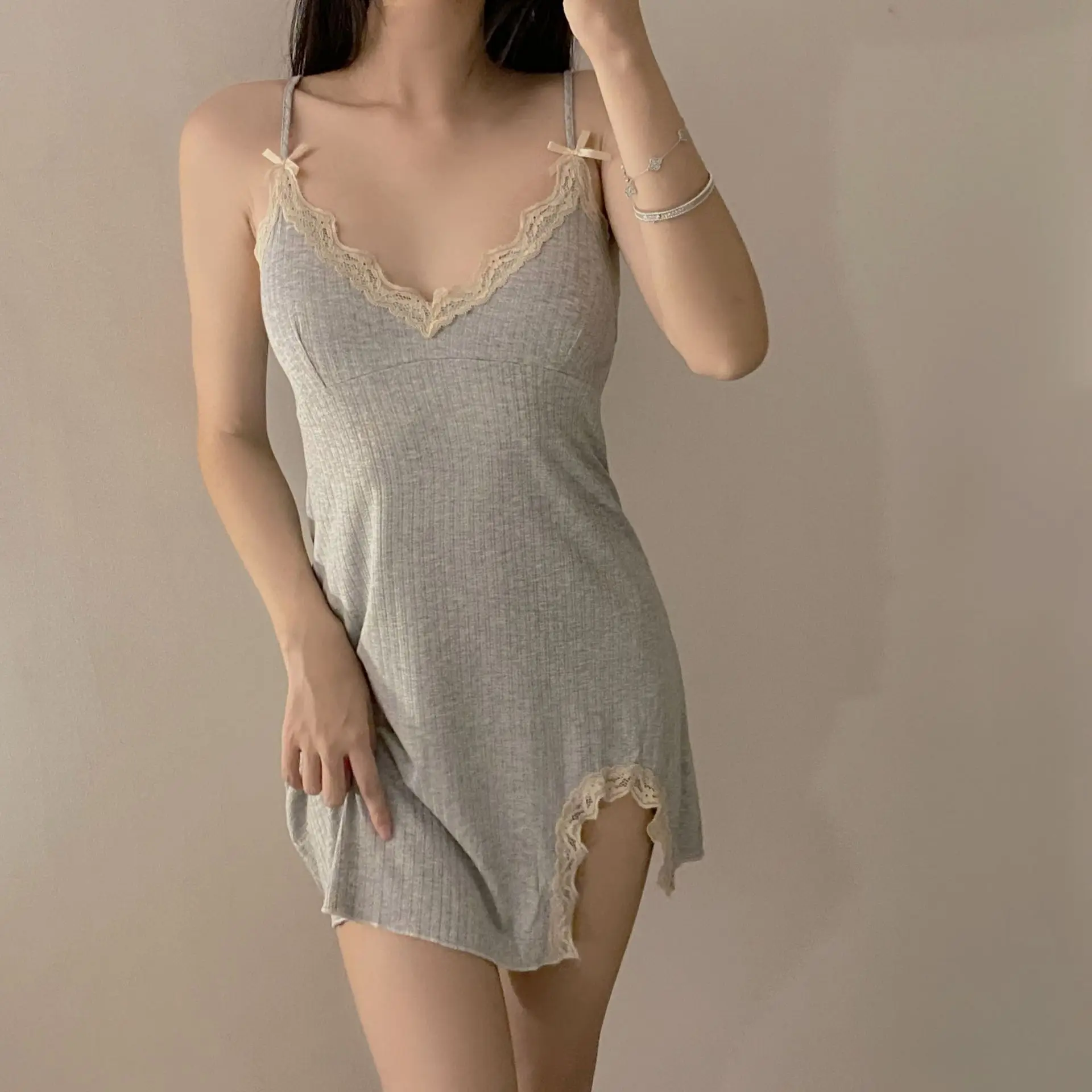 Sexy Lace Trim Cotton Suspender Nightdress Nightwear Summer Side Split Modal Nightgown Sleepwear Home Wear Gown