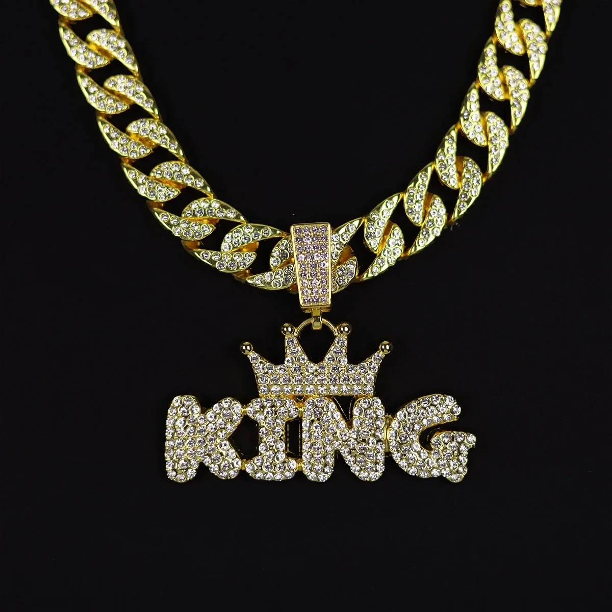 

Hip hop 15mm cuban chain with alloy and full rhinestone KING crown pendant necklace