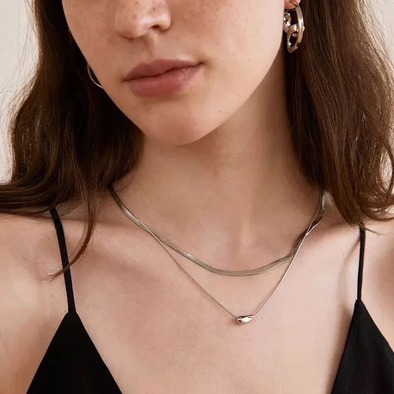 

Withered Double Layer Silver Droplet Pendant Necklace, Casual And Versatile Collarbone Chain Jewelry Necklace