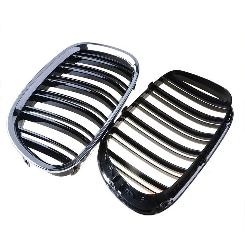 1 Pair Double Line Gloss Silver Car Front Bumper Grilles Kidney Racing Grill For BMW 7 Series F01 F02 2009-2015 Car Accessories