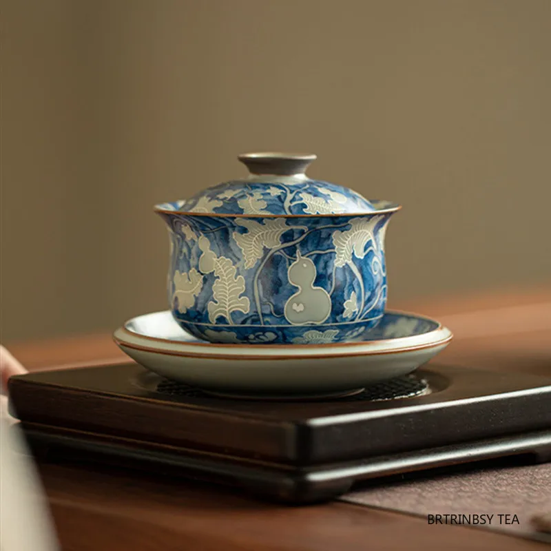 160ml Chinese Handmade Ceramic Gaiwan Travel Portable Teacup Flower Pattern Tea Bowl Household Tea Tureen Teaware Accessories