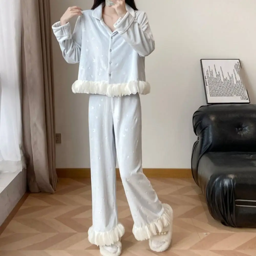 

Ins Long Sleeve Bow Pajamas Set Sweet Winter Velvet Pajamas Suit Casual Long Sleeves Warm Thicken Sleepwear Home