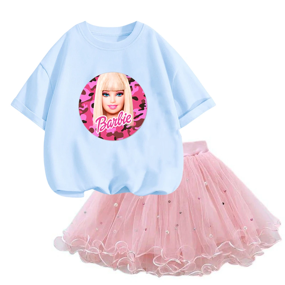 2024 Summer Barbie Print baby Suits Short-sleeved T-shirt and Tulle Skirt 2Pcs Sets Girls Party Clothes Outfits