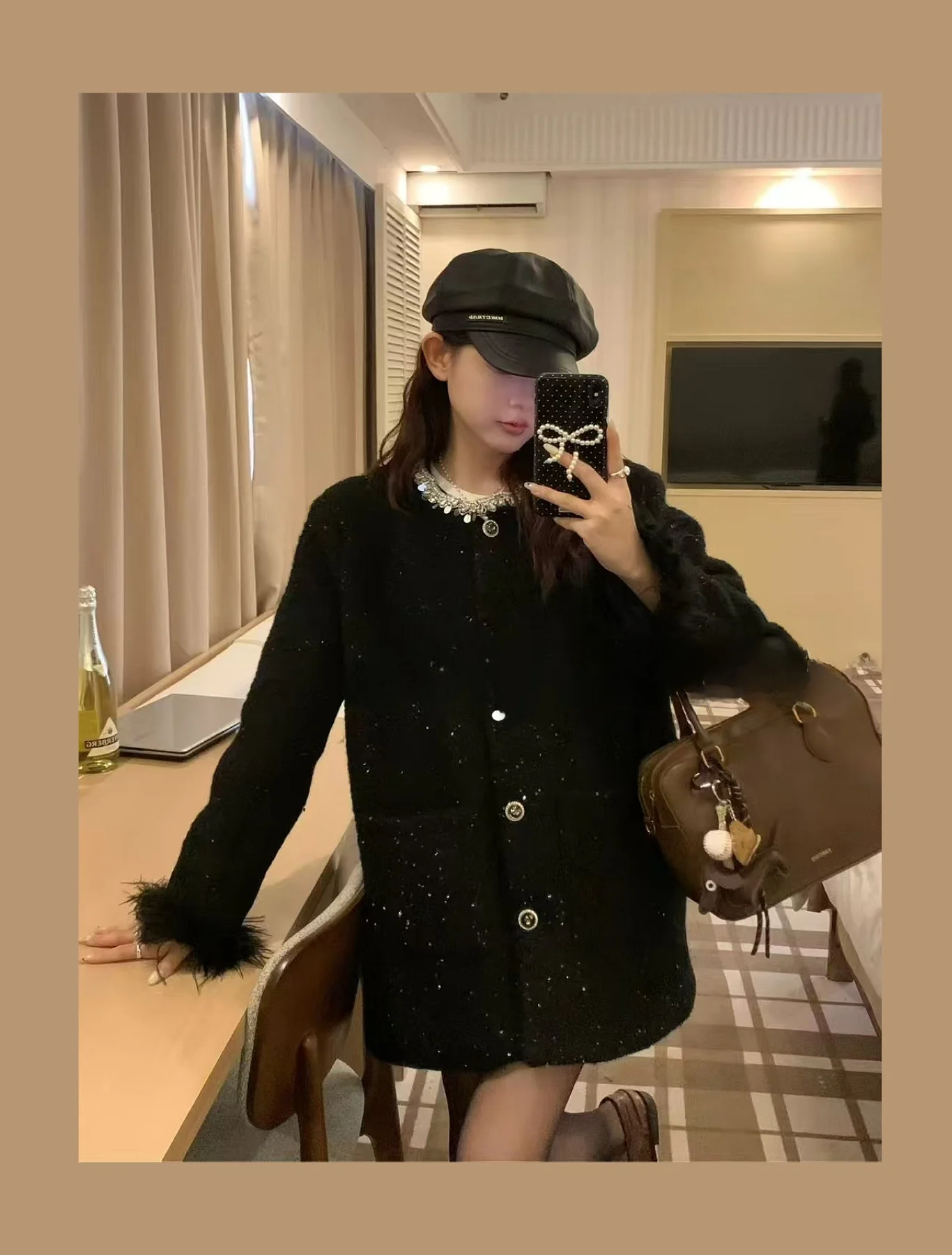 

plus Size Autumn Winter down Quilted Jaet Women's New Sle Korean Version iny Sequin Mid-Length Tweed Top Coat