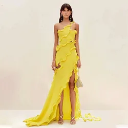 Yellow Chiffon Party Dress For Women Side Slit Sexy Formal Gowns One Shoulder Prom Gowns Cut Out Evening DressCL-721