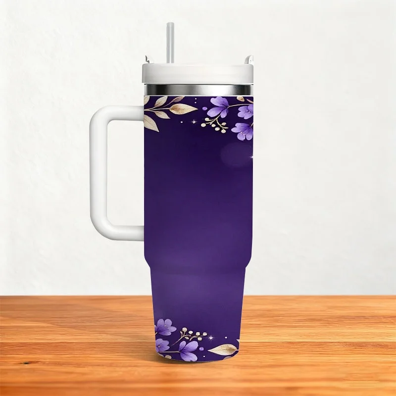 Stainless Steel 40Oz Insulated Tumbler, Elegant Floral And Golden Leaf Digital Print with Sparkling Star Accents, Reusable Drink Container for Hot And Cold Beverages, Ideal for Daily Commute, Office And Outdoor Use