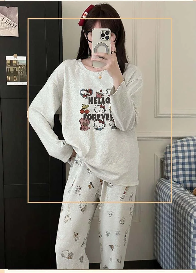 

Женский пижамный комплект Hello Kitty 2025 из чистого хлопка, осень-зима, с круглым вырезом, милые брюки с длинными рукавами с героями мультфильмов, домашняя одежда