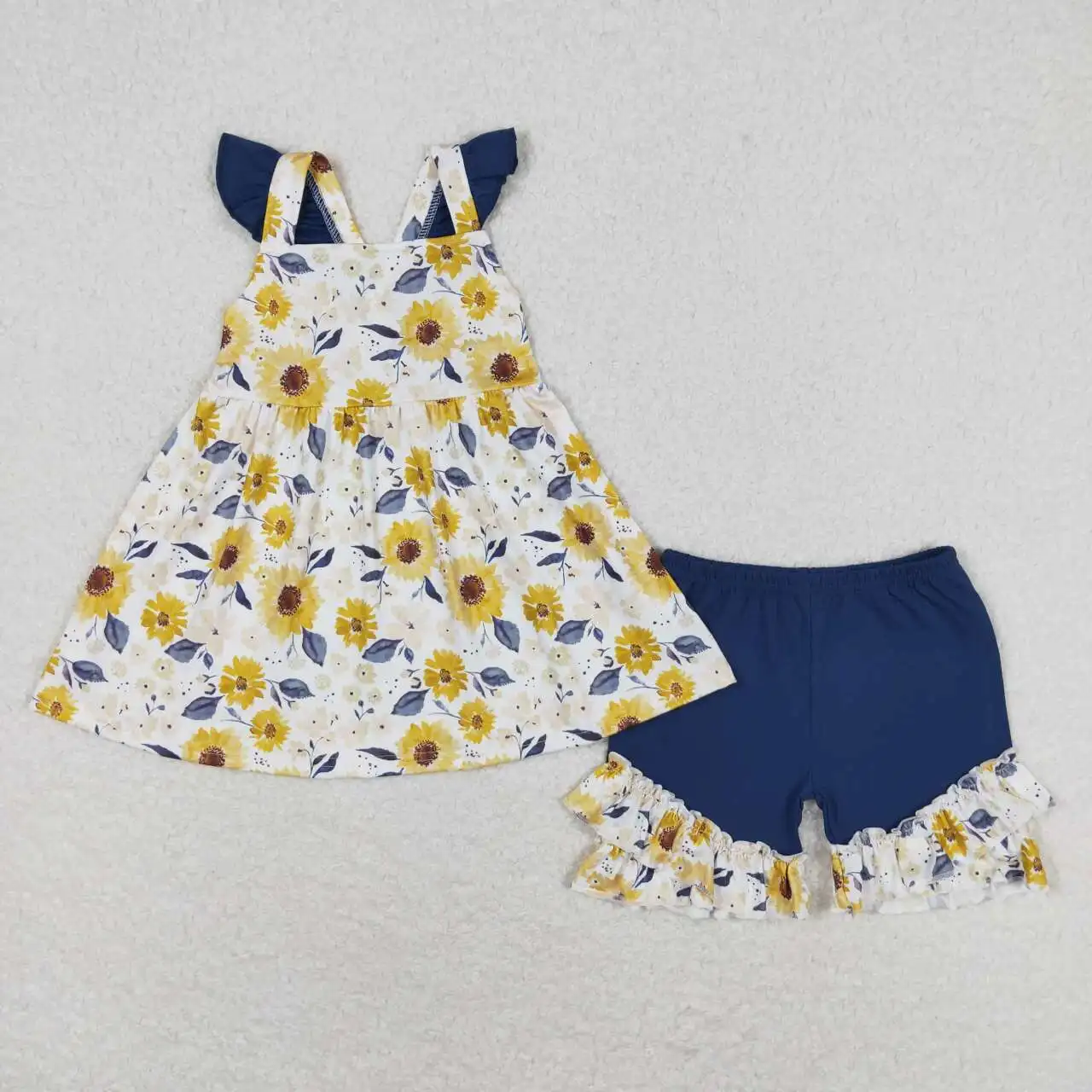 Ropa de girasoles para niñas pequeñas, trajes de verano para bebés, pantalones cortos de manga corta, venta al por mayor, gran oferta