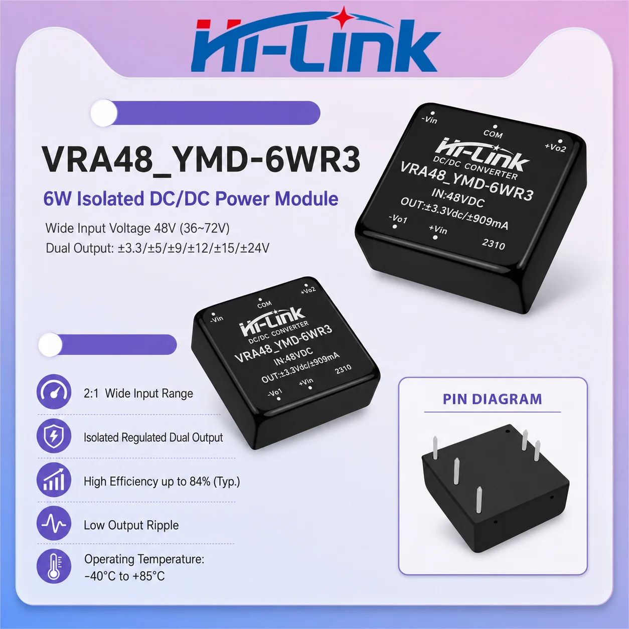 Hi-Link VRA4803YMD VRA4805YMD VRA4812YMD VRA4824YMD 6W DIP Pod 2to1 Broad Input 1500VDC Insulate 84 Efficient Twin Rail Hardware