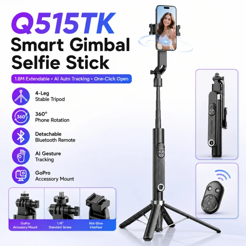 

Q515 Smart Gimbal Selfie Stick Tripod Auto Tracking Phone Holder Handheld Stabilizer Stand for Live Streaming Video Vlog