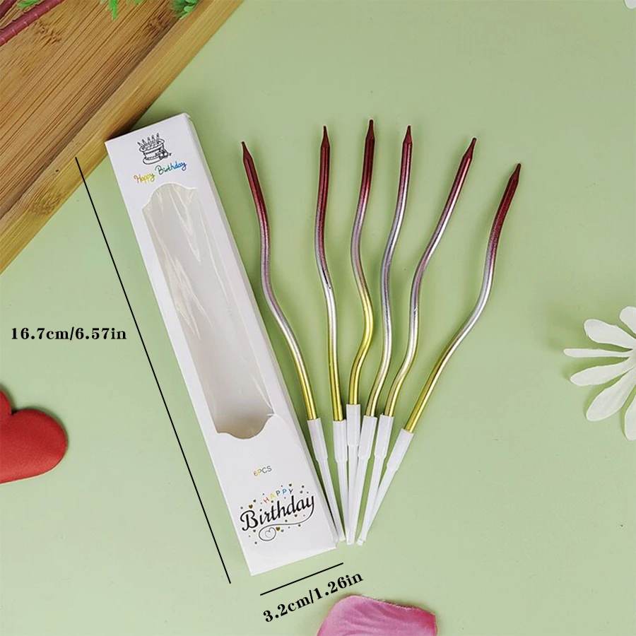 6Pcs Creative Gold Red Silver Three Color Curve Candle Cake Decoration Colorful Threaded Arc Candle Baking Plugin