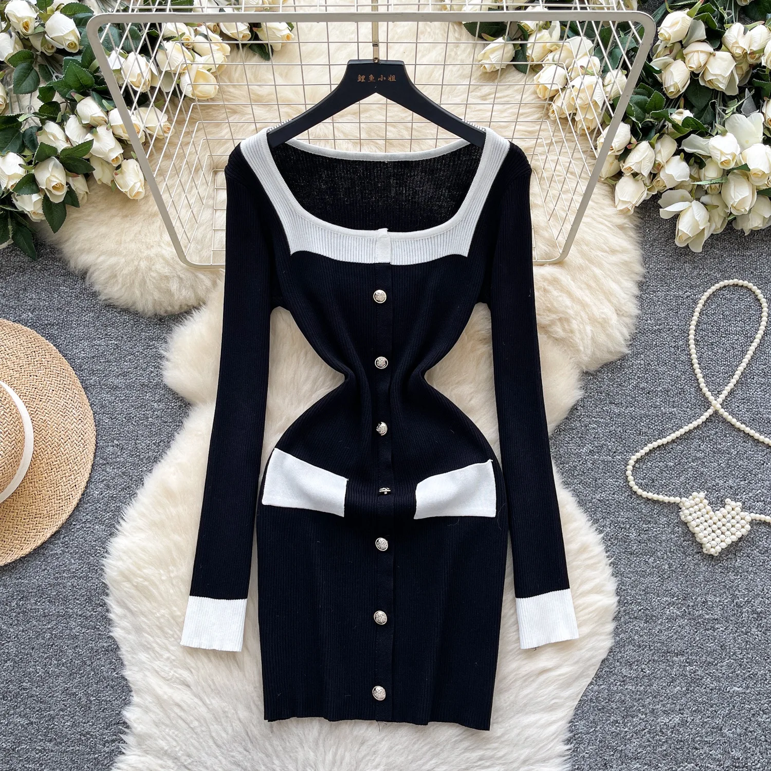 

Long Dress Women Knit Dresses Round Neck Vestidos Wrap Hip Full Sleeve Elegant Splice Y2k Streetwear High Waist Work Party
