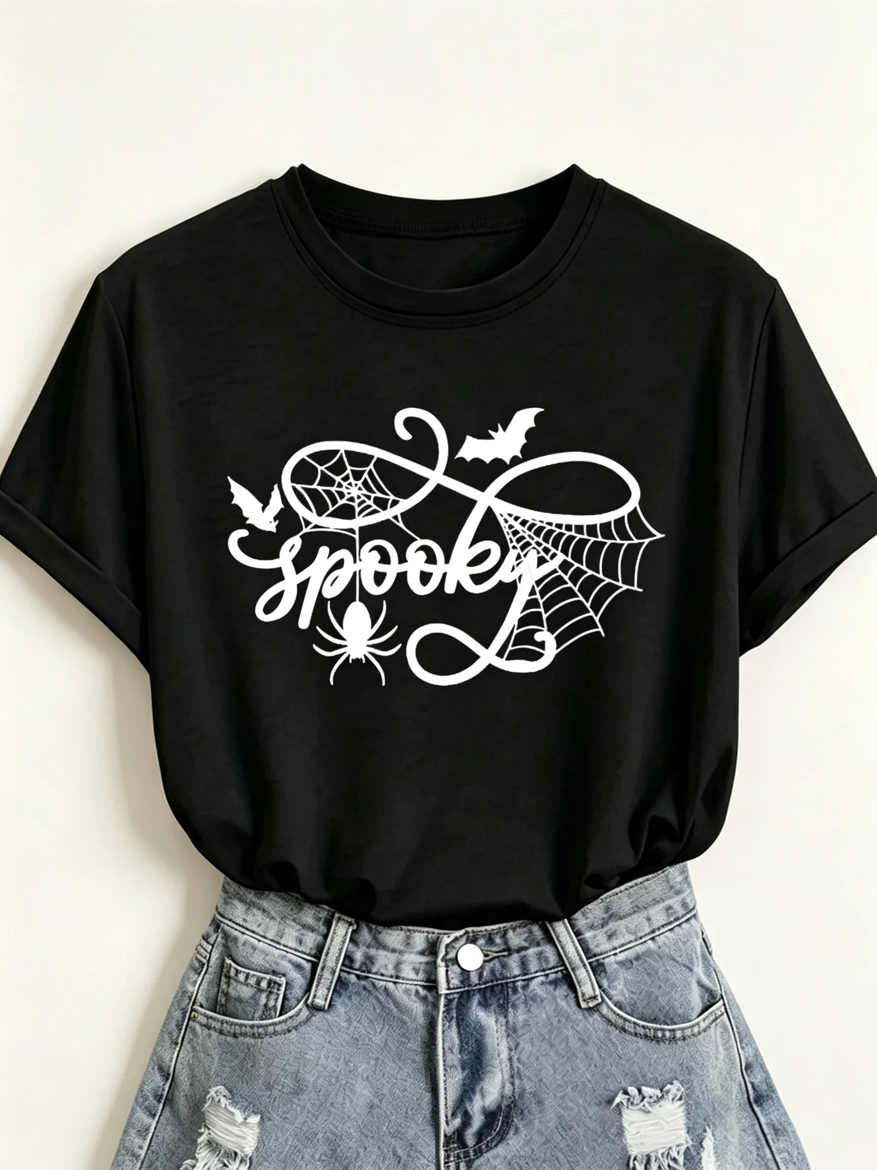 Women Halloween T‑Shirt Spooky Print Shirt Spider Web Bat Spider Graphic Short Sleeve O‑Neck Casual Loose Fall Holiday Tops Tees