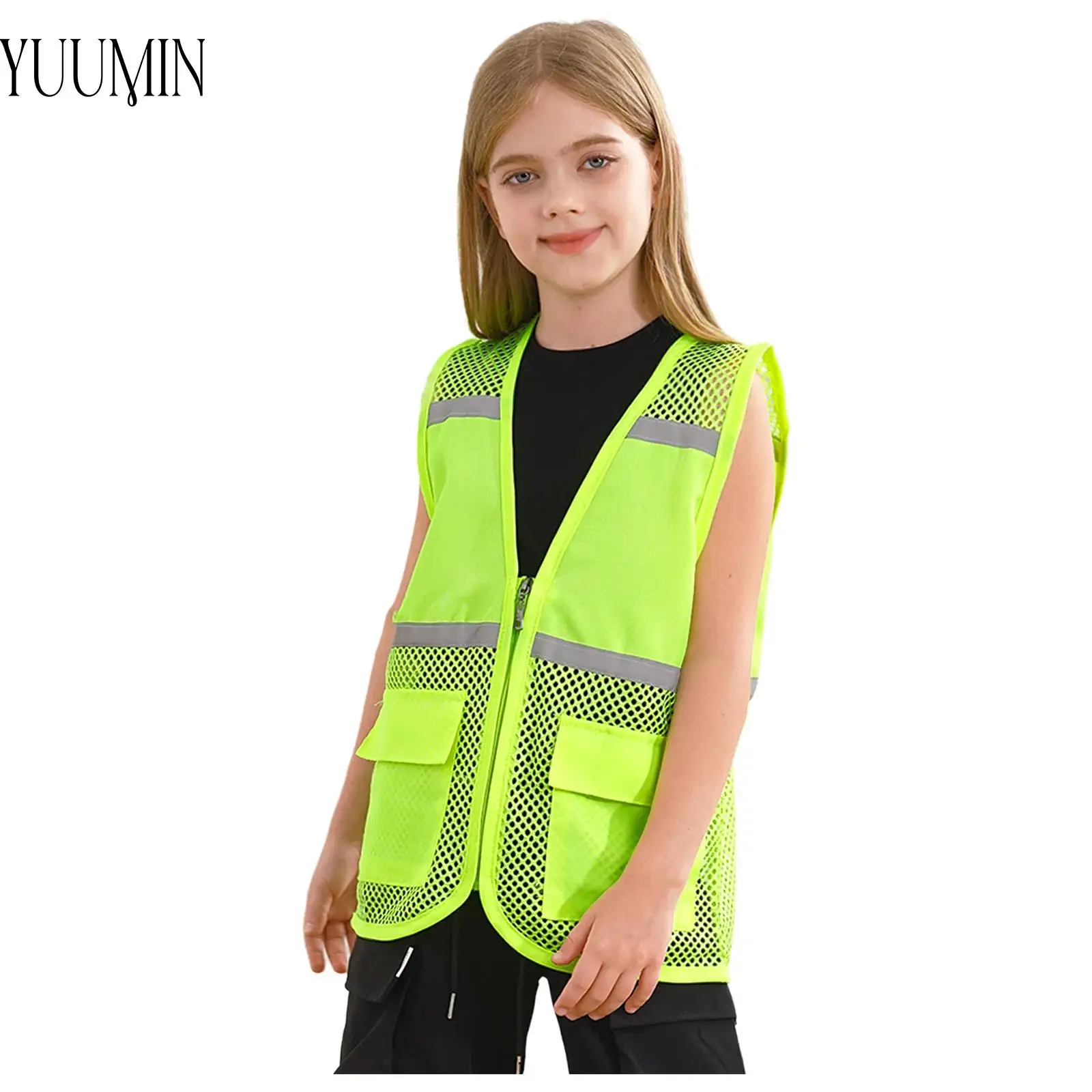 Kids Boys Girls Safety Vest High Visibility Reflective Hollow Out Mesh Patchwork Volunteer Vest School Camp Activities Uniform