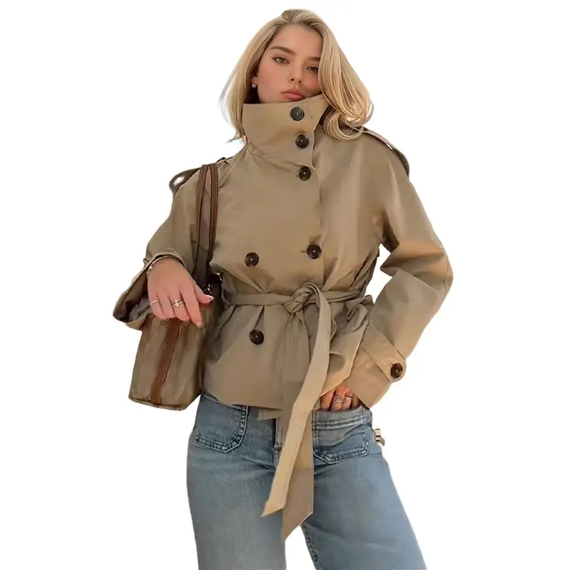 Imagen 6: ABRT - Gabardina Corta para Mujer, Estilo Trench, Doble Botonadura, Cuello Alto, Abrigo de Otoño e Invierno, Atuendo Moderno con Cinturón