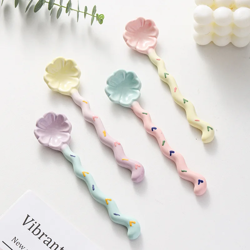 

Cute INS Ceramic Long Handled Spoon for Home Use Fun Mixing Spoon Coffee Spoons Dreamy Girl's Heart Macaron Color Series