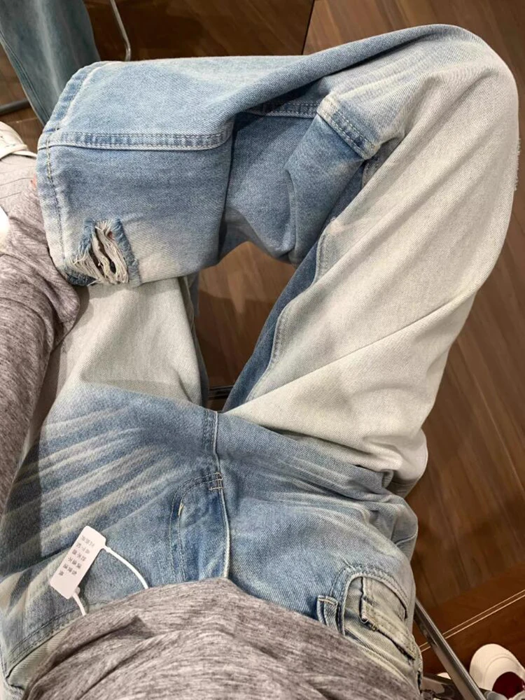 

Light Blue Ripped Baggy Jeans Women 2024 Fashion Summer High Waist Wide Leg Straight Mom Jeans Y2K Street Denim Pants Vintage