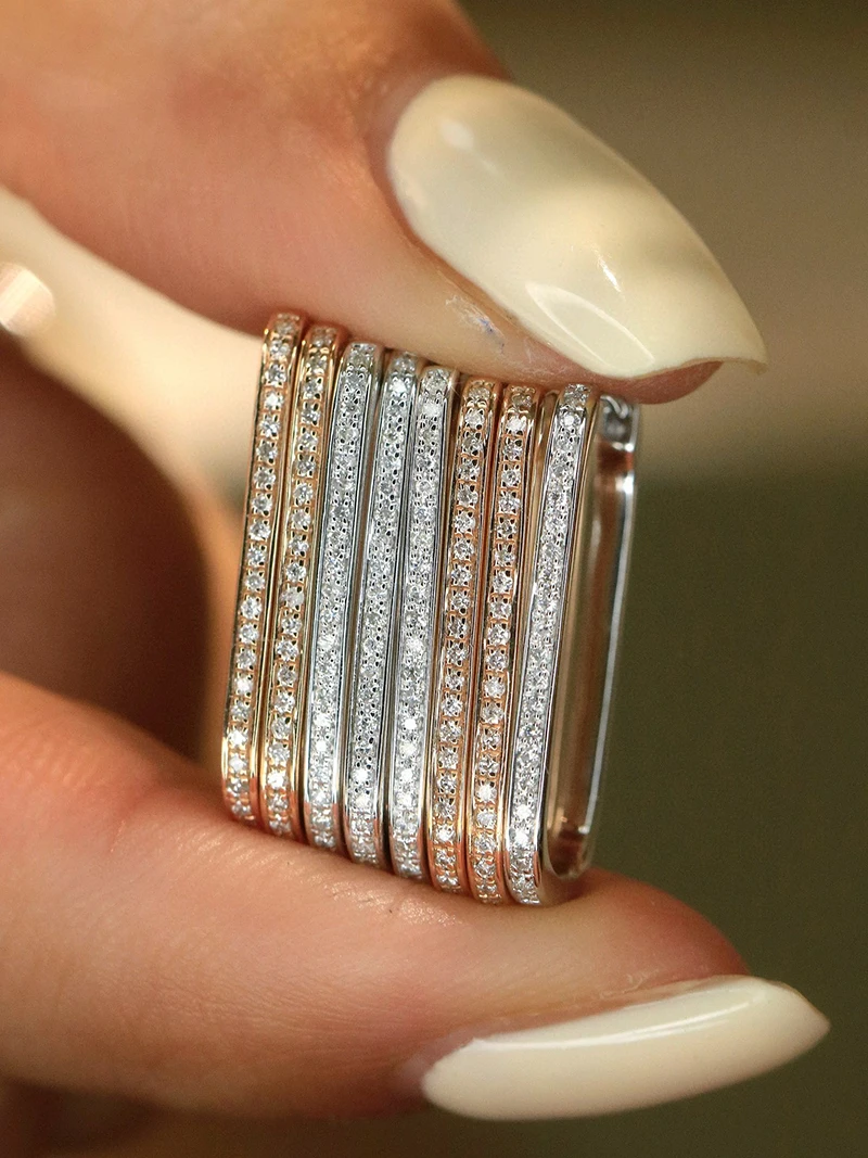 KUGG 100% 18K White/Rose Gold Earrings Fashion Rectangle Shape Real Natural Diamond Hoop Earrings for Women Fine Party Jewelry