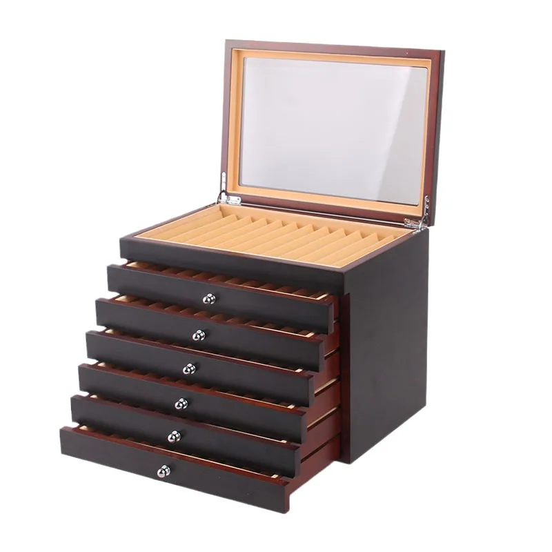 Wooden pen box 78-position red paint pen storage box drawer type high-end pen packaging box