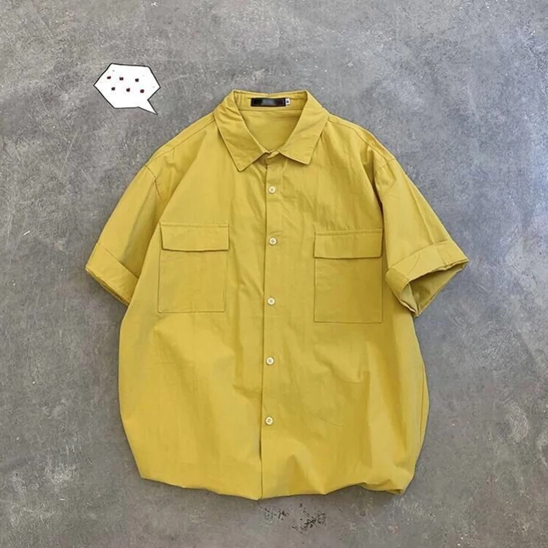 2023 Summer New Solid Color Turn-down Collar Short Sleeve Pockets Shirt Man Korean Style Fashion Single Breasted Thin Style Tops