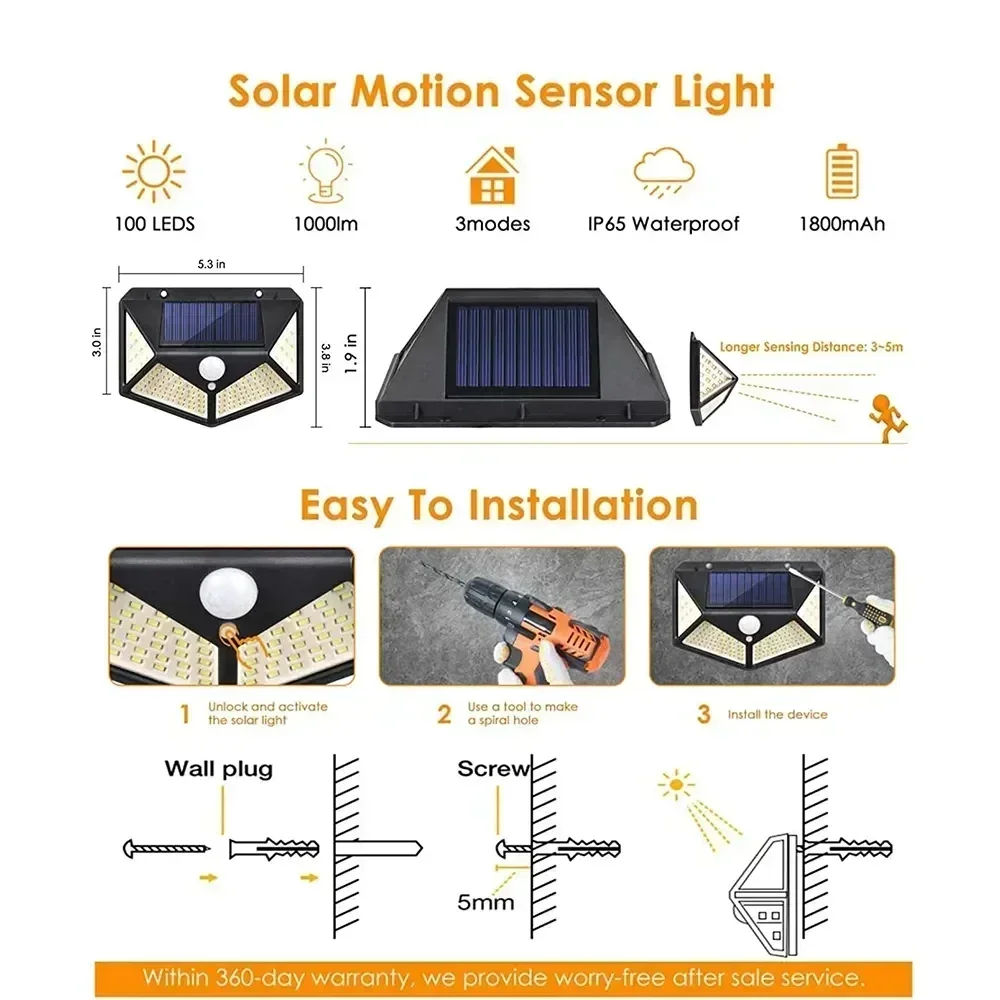 Impermeável LED Solar Wall Lamp, Luz Doméstica, Pátio, Layout do jardim, Varanda Decoração de Paisagem, Lâmpada de lavar parede, 100 LED