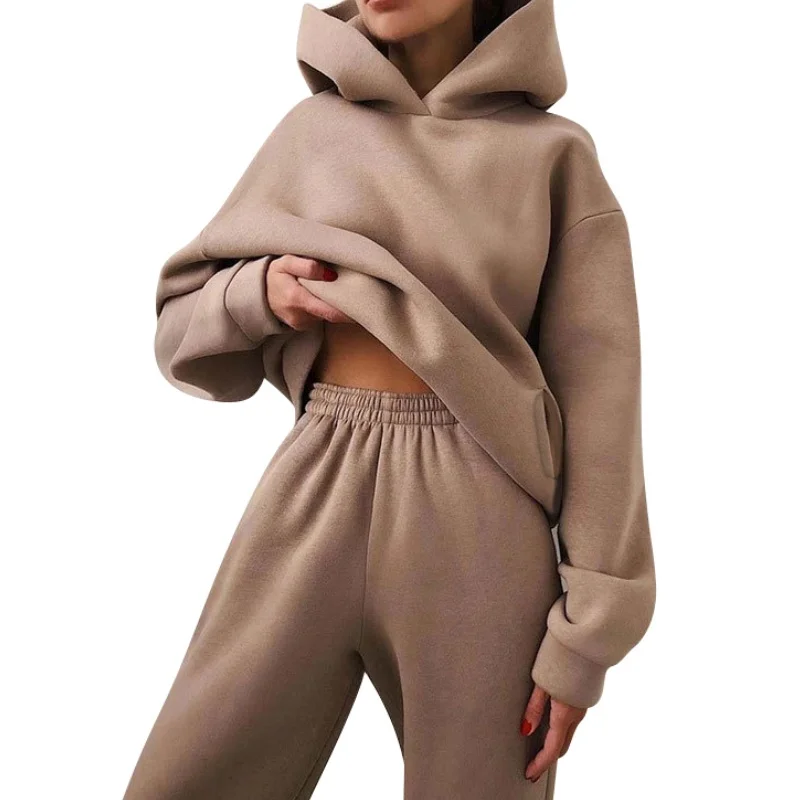 Women's Casual Long Sleeve Pants Two Pairs of Sports Fashion Solid Hoodie Leggings Set Sweater European and American Style 2025