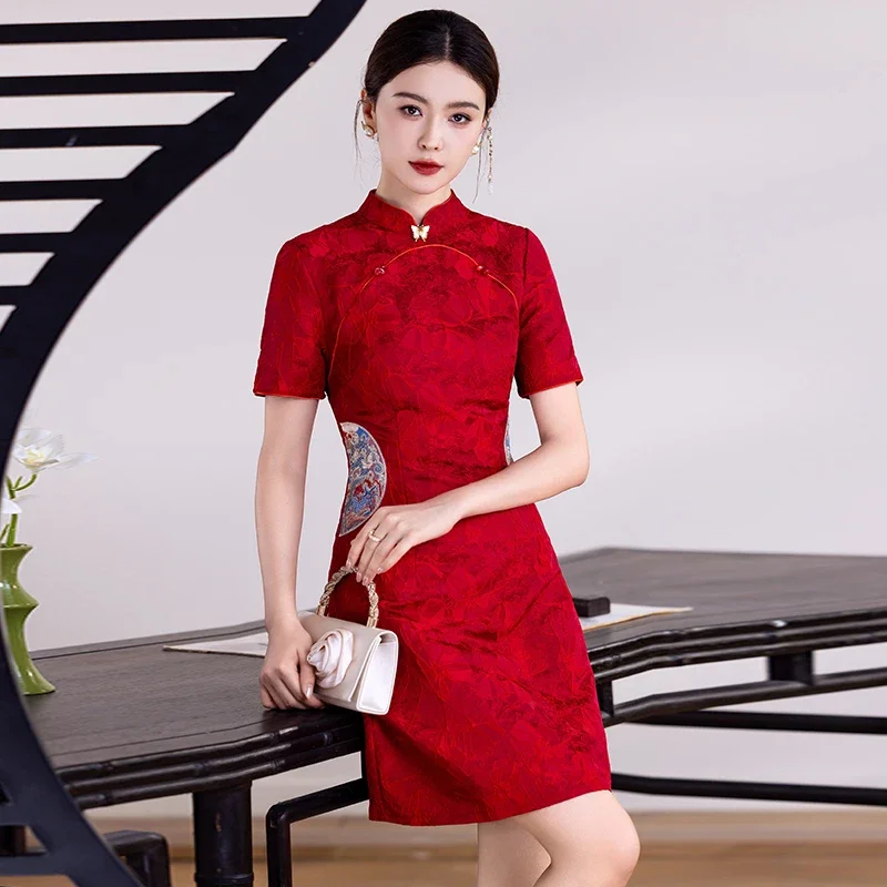 

Женское красное современное облегающее платье Ципао с вышивкой 2021, облегающее платье Cheongsam в китайском стиле, свадебное платье