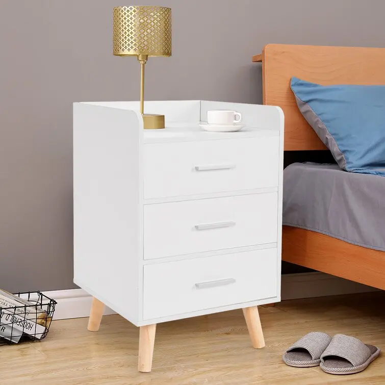 

Modern End Side Table with 3 Drawers, Wooden Cabinet Stand By Sofa, Bedside Tables for Bedroom White Nightstand