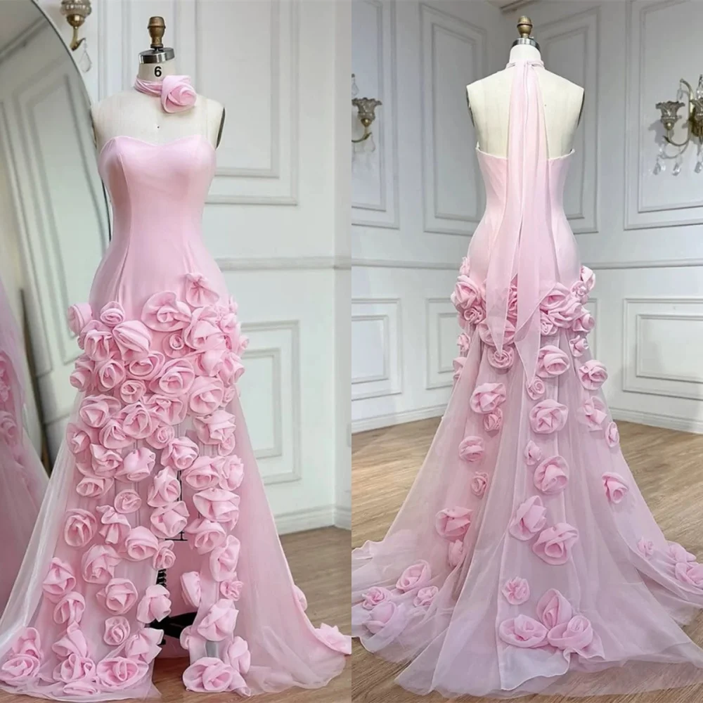Customized Exquisite Pink Jersey Evening Dress Delicate  Strapless Sleeveless Zipper Back Side Slit  Flowers Homecoming Dress
